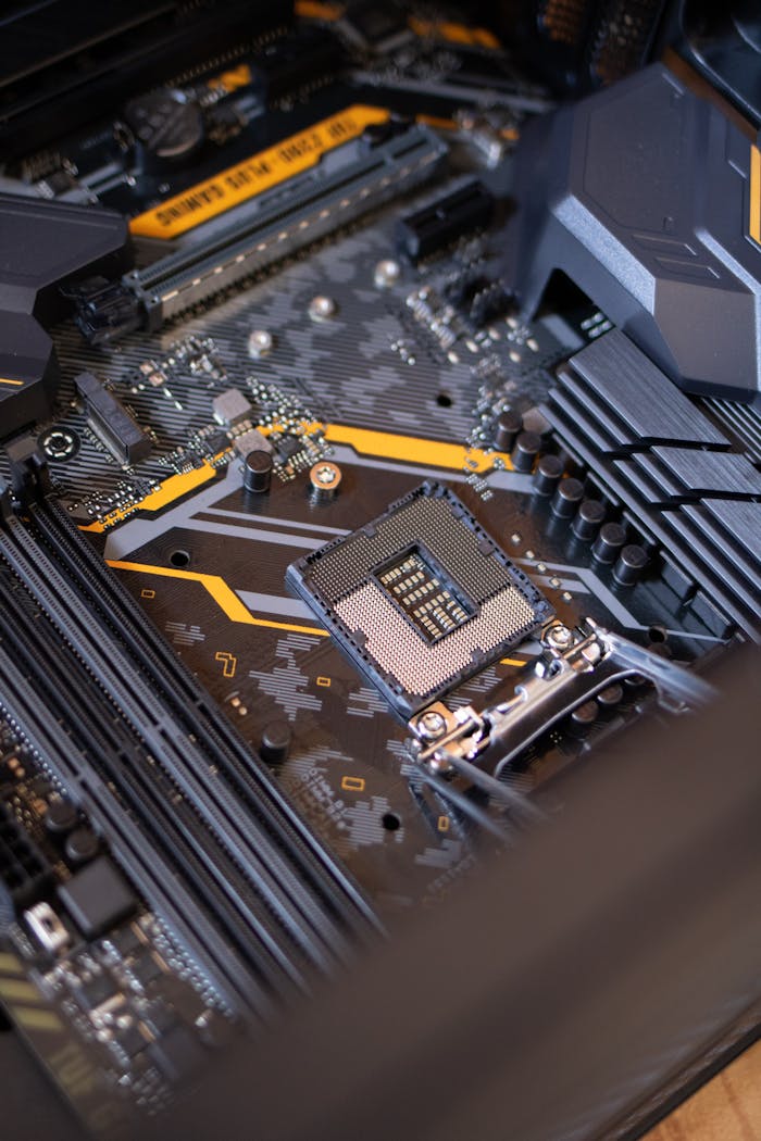 services-04 Detailed view of a computer motherboard highlighting electronic components and technology connections.